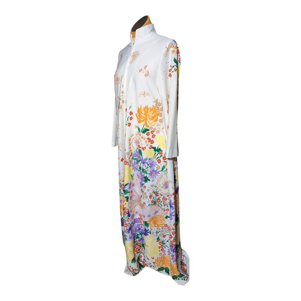 Vtg 1970s Loungees Ivory Colorful Floral Print Zip Up Polyester Lounge Dress L